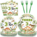 Oitnlaughter 96Pcs Dinosaur Tableware Set – Watercolor Rex Plates, Napkins & Forks for Kids Parties