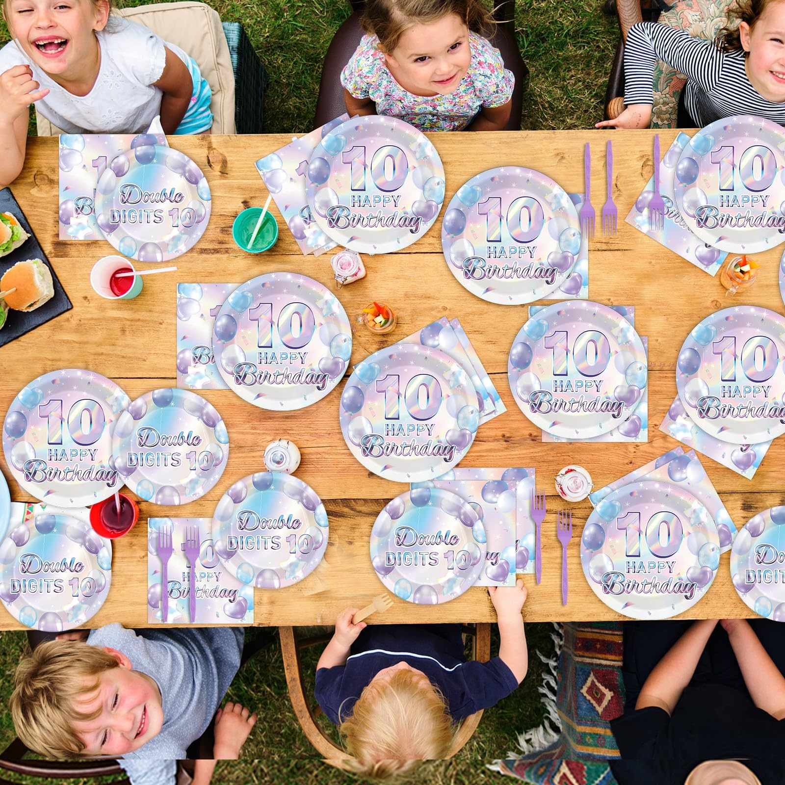 Oitnlaughter 96Pcs Iridescent 10th Birthday Plates & Napkins – Disposable Party Set for 10-Year-Old Celebrations