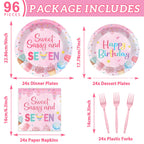 Oitnlaughter 96 PCS Donut 7th Birthday Plates and Napkins Set