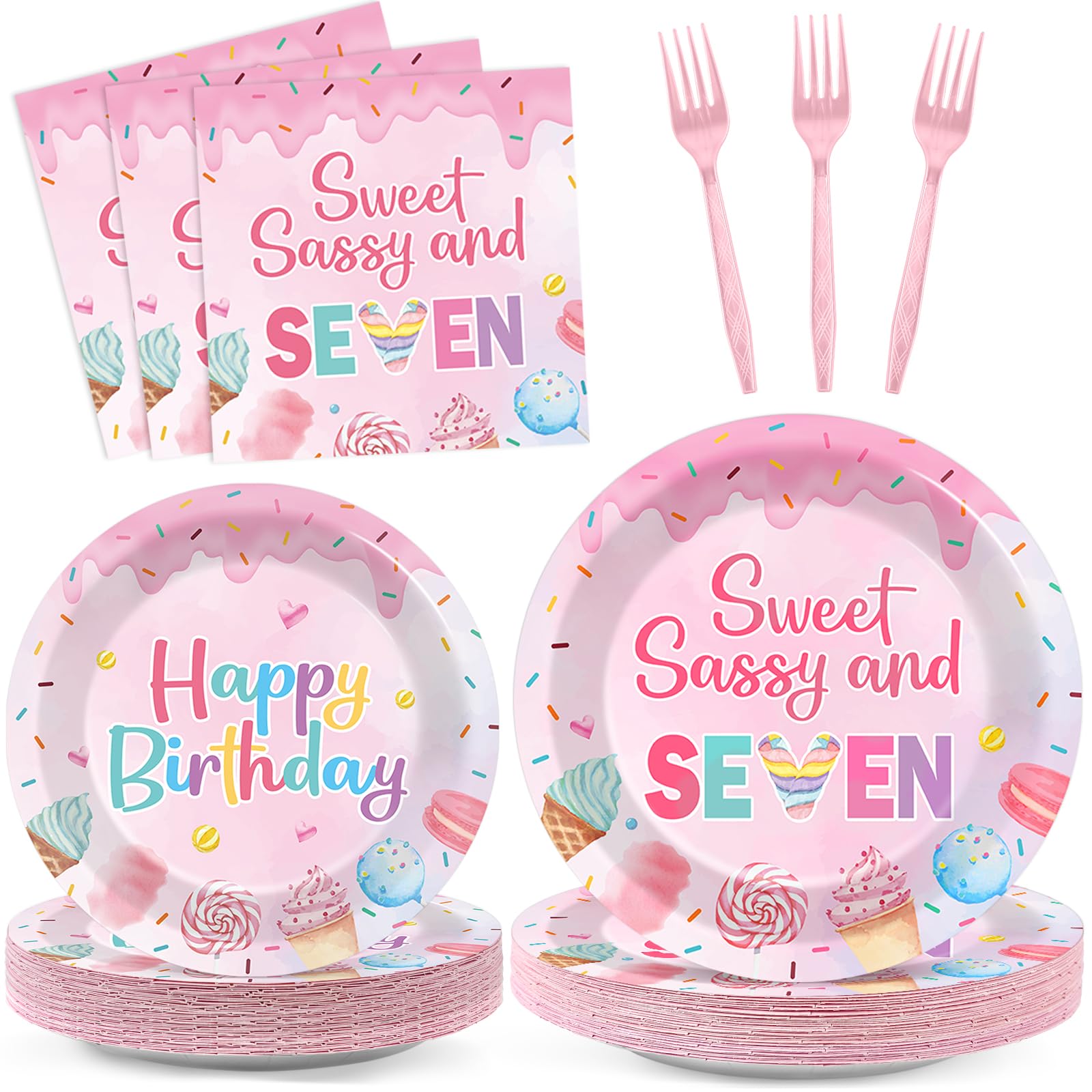 Oitnlaughter 96 PCS Donut 7th Birthday Plates and Napkins Set