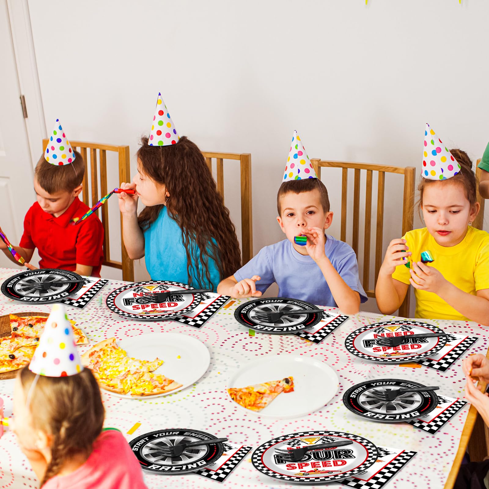 Oitnlaughter 96Pcs Racing Car Birthday Party Plates & Napkins – Four Speed Checkered Flag Tableware for Kids