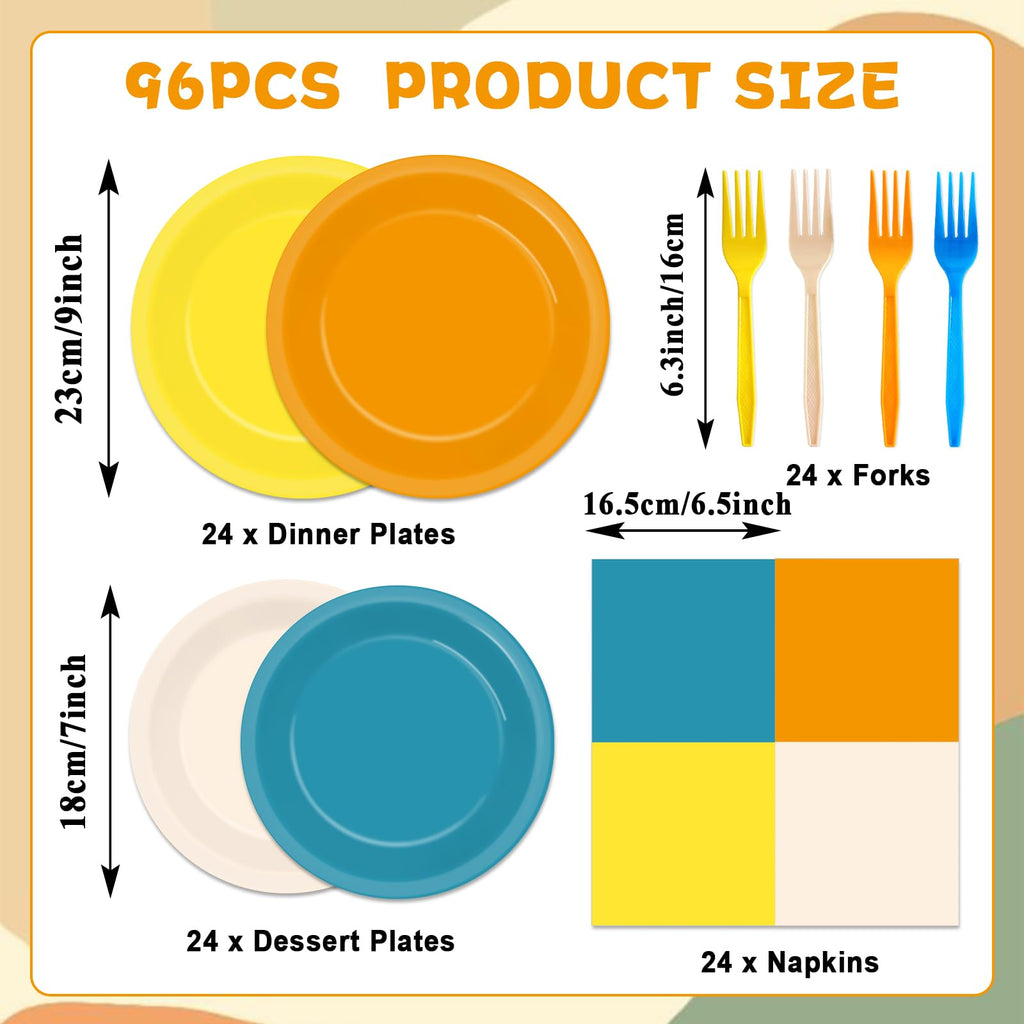 Oitnlaughter 96PCS Boho Sun Party Plates & Napkins – Blue Orange Mustard Yellow Disposable Set for 24 Guests