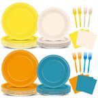 Oitnlaughter 96PCS Boho Sun Party Plates & Napkins – Blue Orange Mustard Yellow Disposable Set for 24 Guests