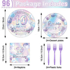 Oitnlaughter 96Pcs Iridescent 10th Birthday Plates & Napkins – Disposable Party Set for 10-Year-Old Celebrations