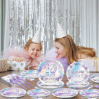 Oitnlaughter 96Pcs Iridescent 10th Birthday Plates & Napkins – Disposable Party Set for 10-Year-Old Celebrations