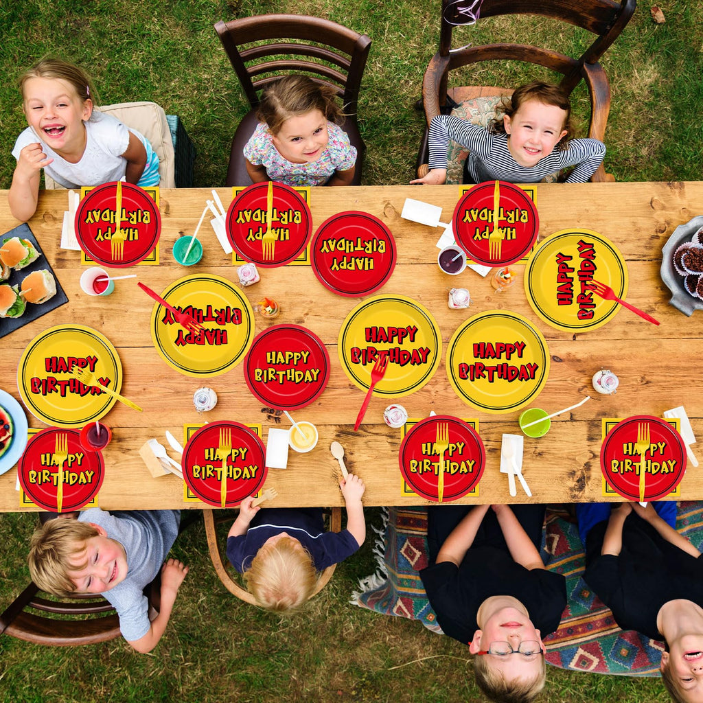 Oitnlaughter 96PCS Cartoon Birthday Plates & Napkins Set – Red & Yellow Animation Dinnerware Serves 24