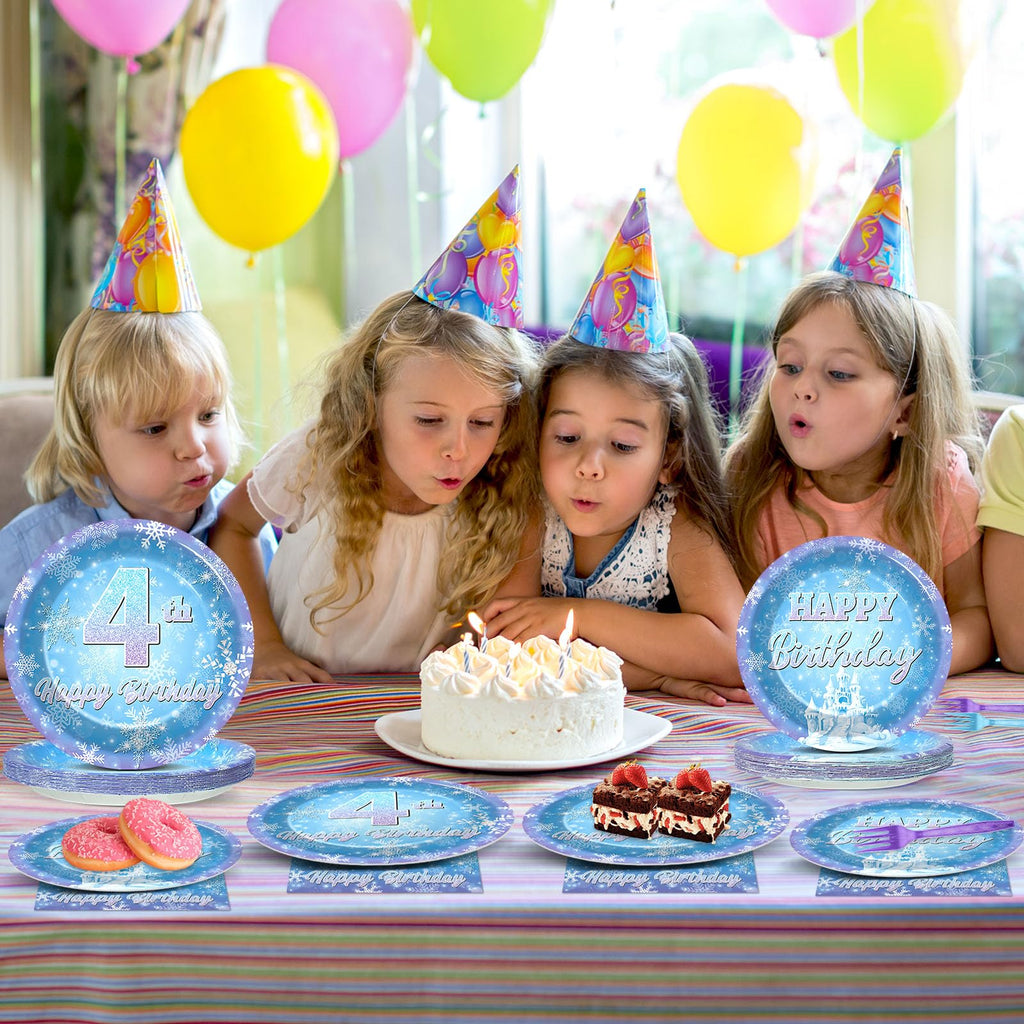 Oitnlaughter Snowflake Winter Wonderland 4th Birthday Dinnerware Set – Plates, Napkins & Forks for Kids (24 Guests)
