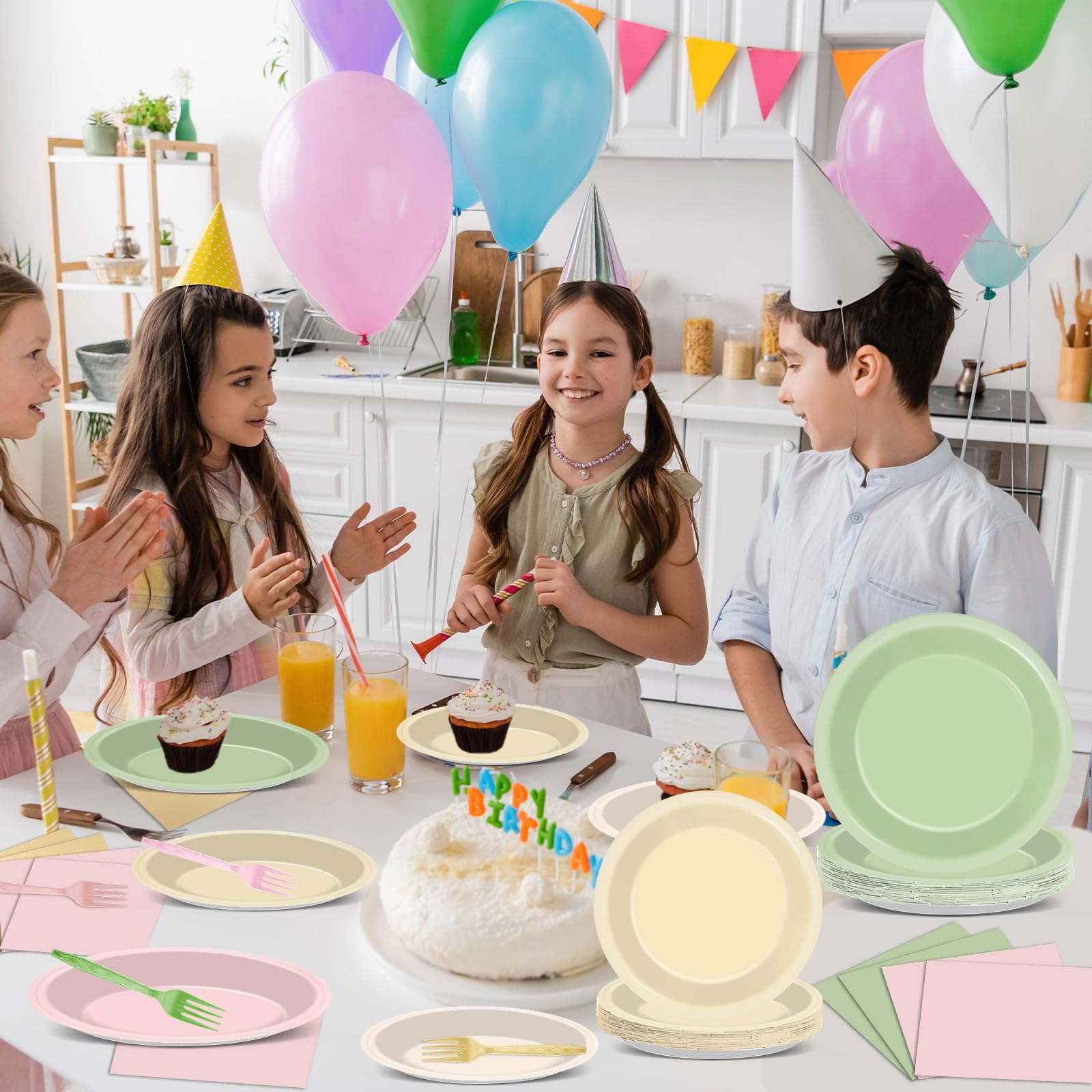 Oitnlaughter 96Pcs Pink & Sage Green Boho Tableware Set for 24 Guests | Plates, Napkins & Forks
