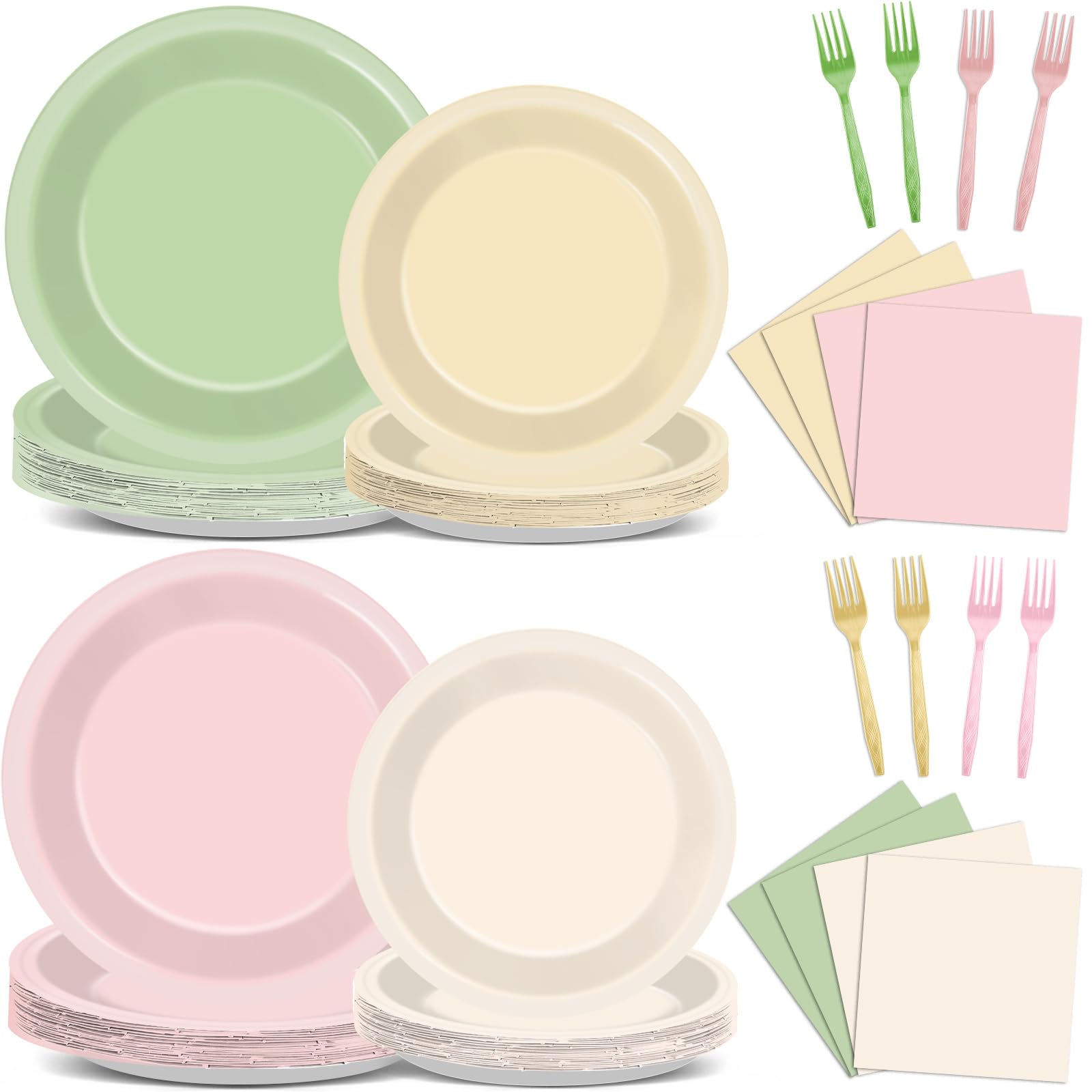 Oitnlaughter 96Pcs Pink & Sage Green Boho Tableware Set for 24 Guests | Plates, Napkins & Forks
