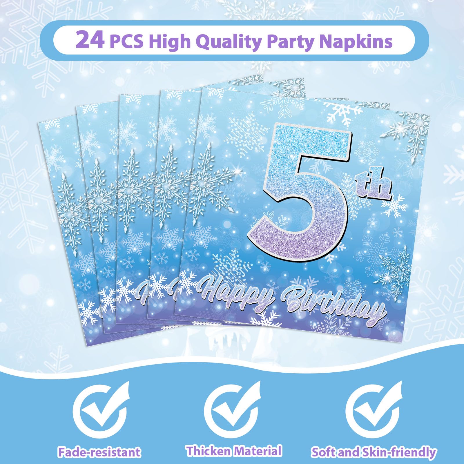 Oitnlaughter Snowflake Winter Wonderland – 5th Birthday Disposable Dinnerware Set | 24 Plates, 24 Napkins, 12 Blue & 12 Purple Forks