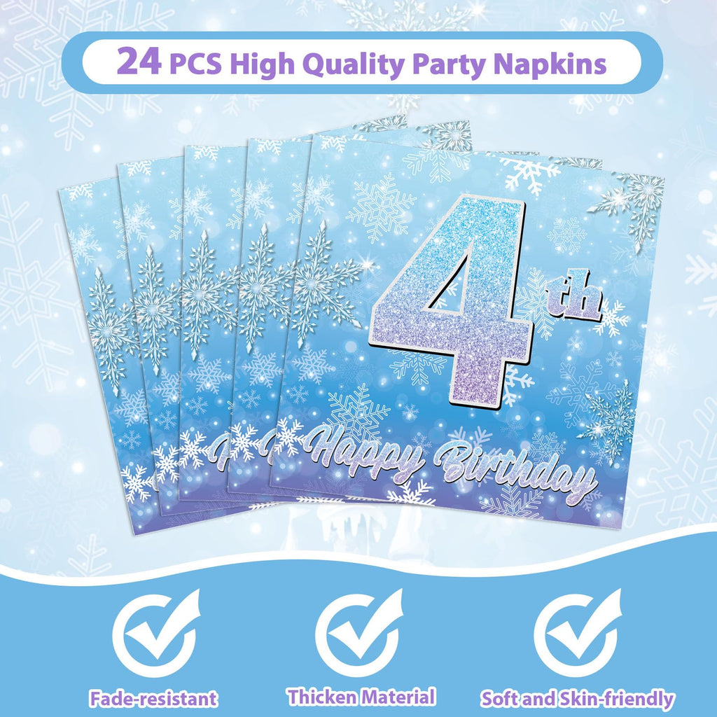 Oitnlaughter Snowflake Winter Wonderland 4th Birthday Dinnerware Set – Plates, Napkins & Forks for Kids (24 Guests)