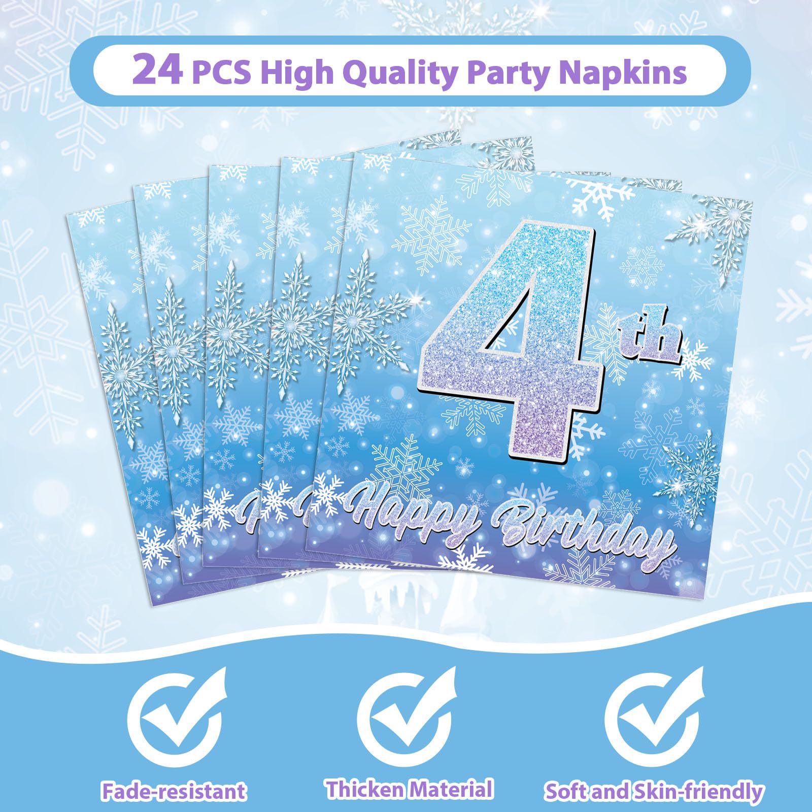 Oitnlaughter Snowflake Winter Wonderland 4th Birthday Dinnerware Set – Plates, Napkins & Forks for Kids (24 Guests)
