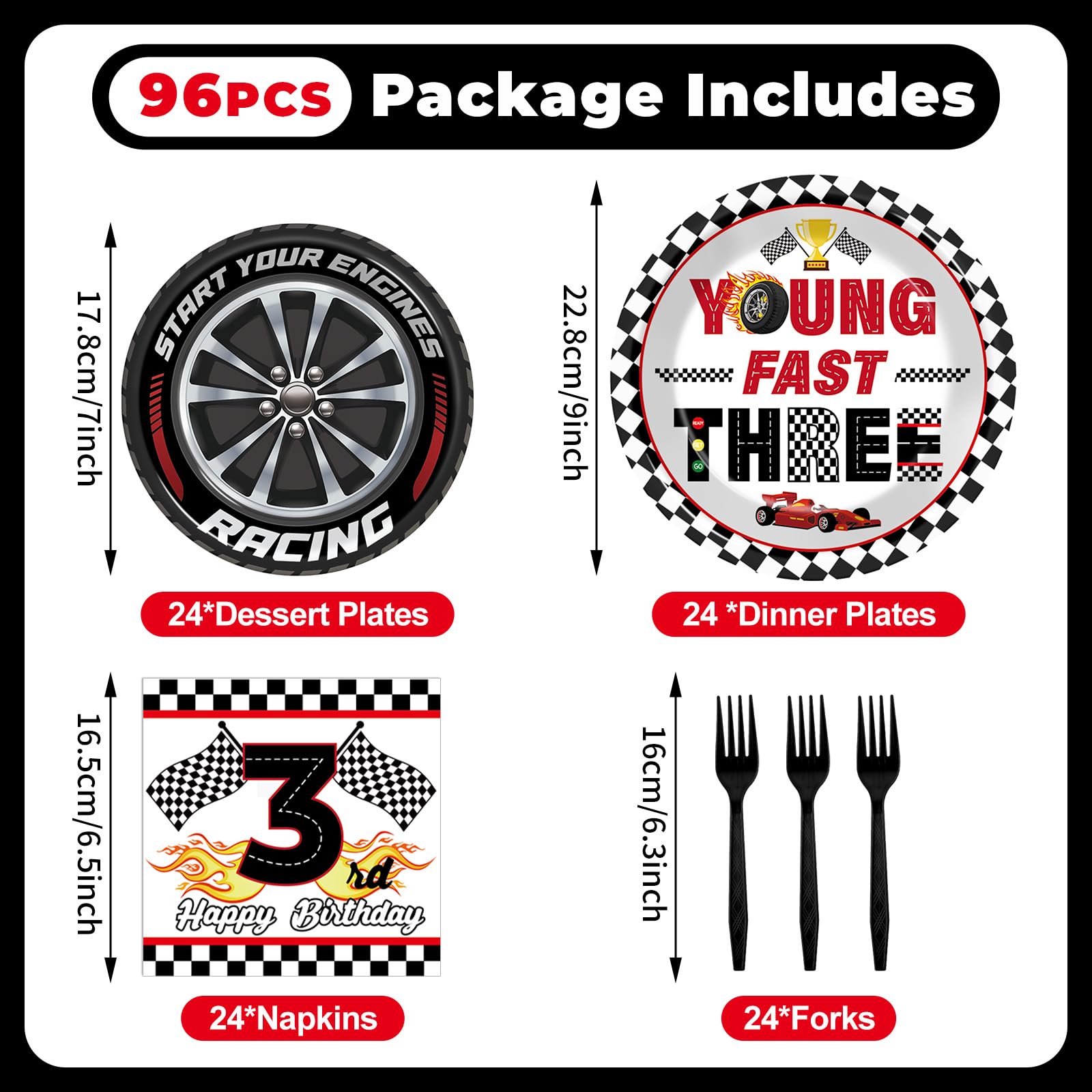 Oitnlaughter 96-Piece Race Car Party Set – Plates, Napkins & Forks for 3rd Birthday