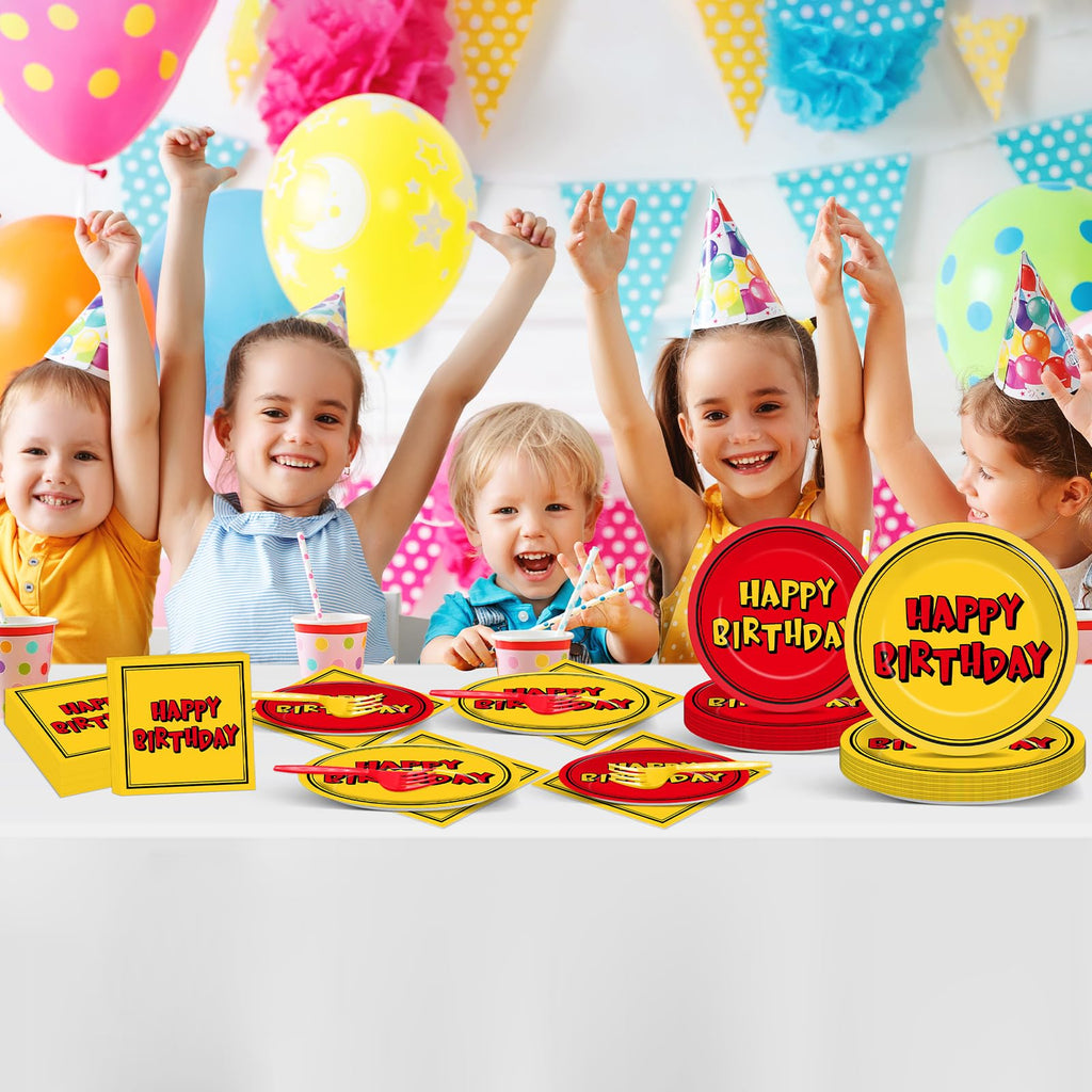 Oitnlaughter 96PCS Cartoon Birthday Plates & Napkins Set – Red & Yellow Animation Dinnerware Serves 24