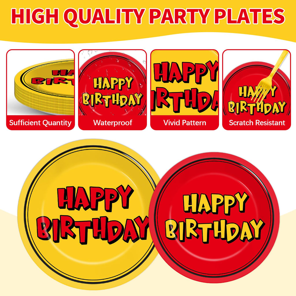 Oitnlaughter 96PCS Cartoon Birthday Plates & Napkins Set – Red & Yellow Animation Dinnerware Serves 24
