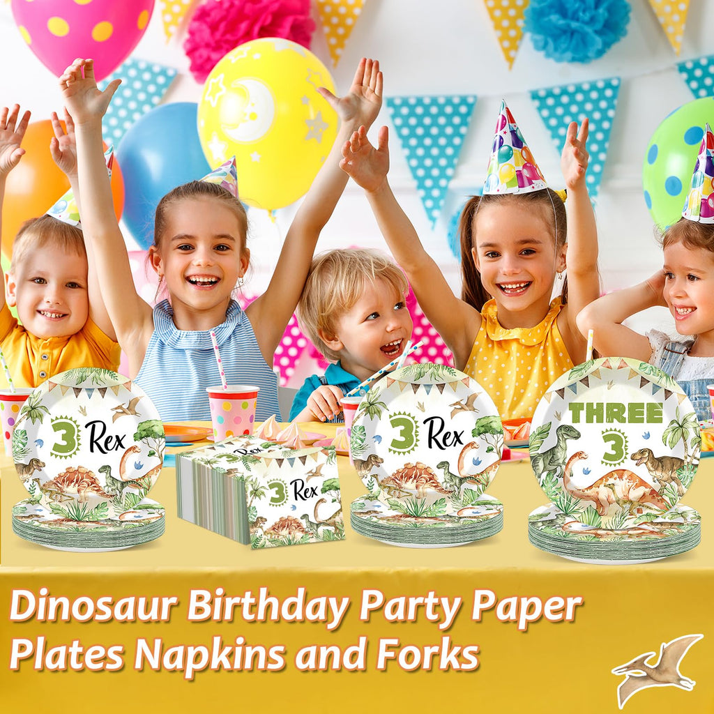 Oitnlaughter 96Pcs Dinosaur Tableware Set – Watercolor Rex Plates, Napkins & Forks for Kids Parties