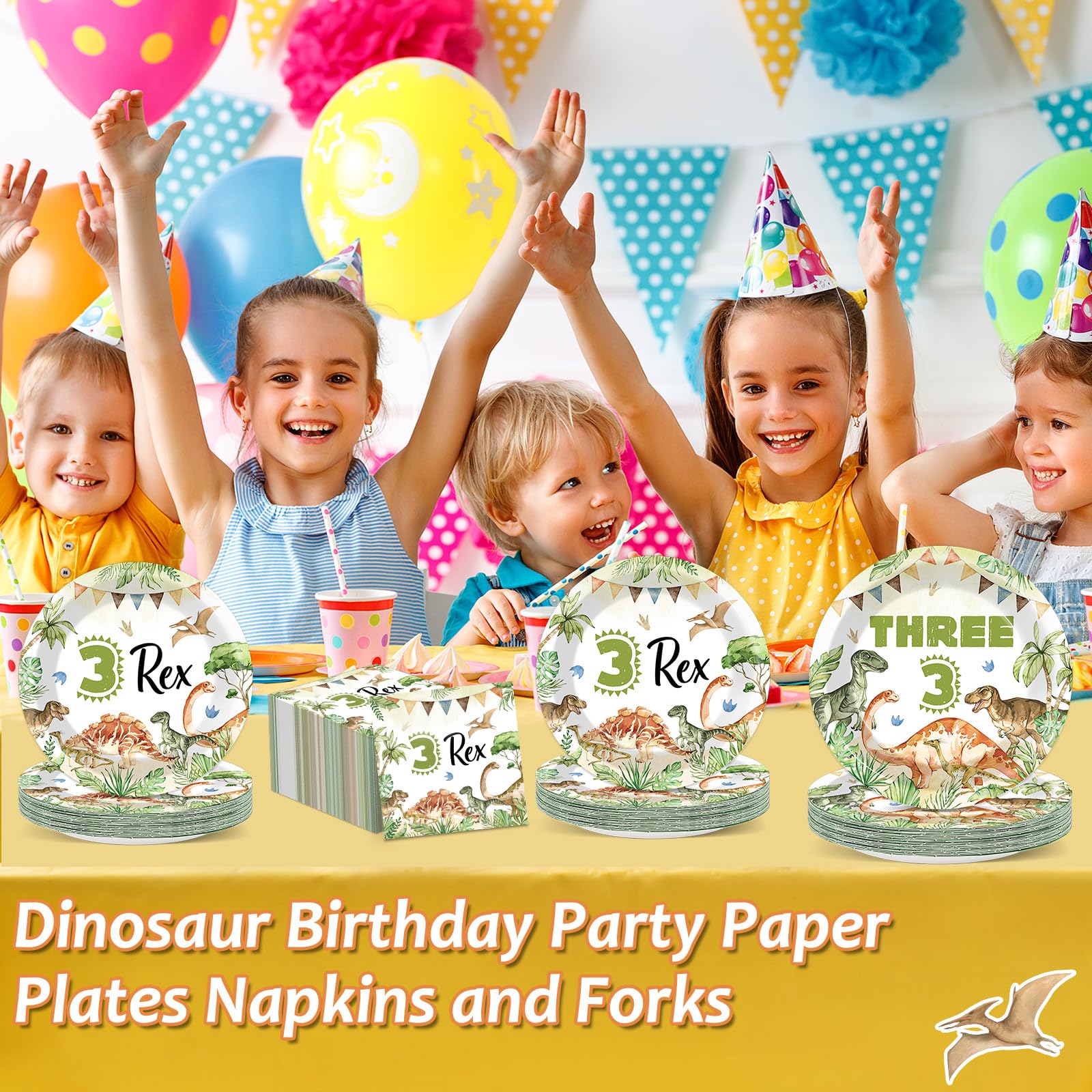 Oitnlaughter 96Pcs Dinosaur Tableware Set – Watercolor Rex Plates, Napkins & Forks for Kids Parties