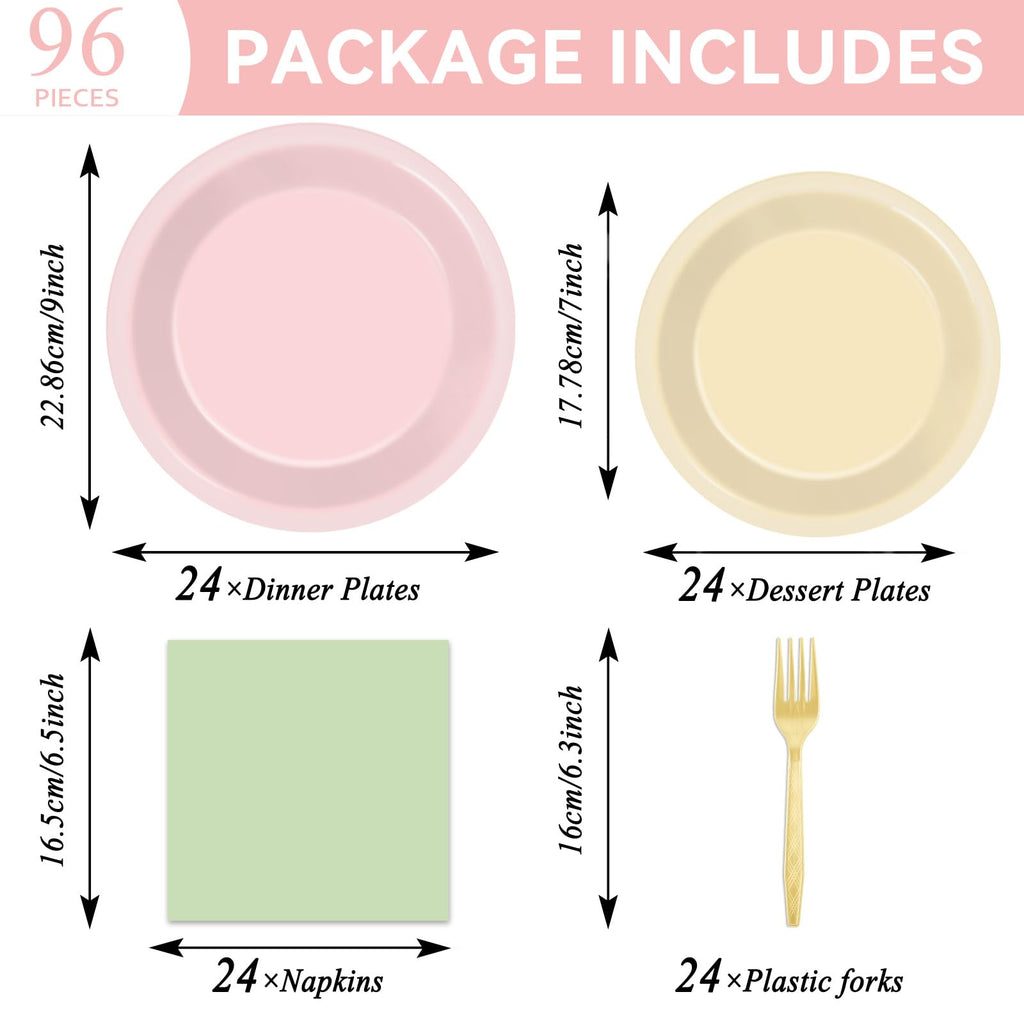 Oitnlaughter 96Pcs Pink & Sage Green Boho Tableware Set for 24 Guests | Plates, Napkins & Forks