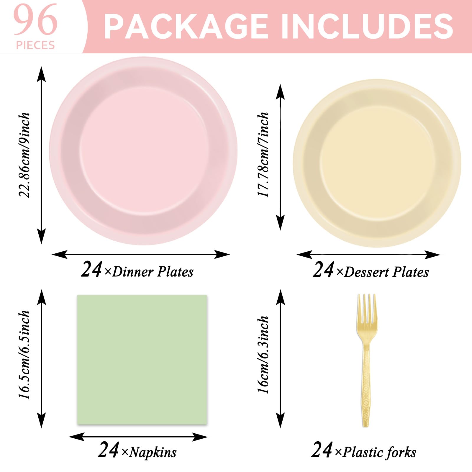Oitnlaughter 96Pcs Pink & Sage Green Boho Tableware Set for 24 Guests | Plates, Napkins & Forks