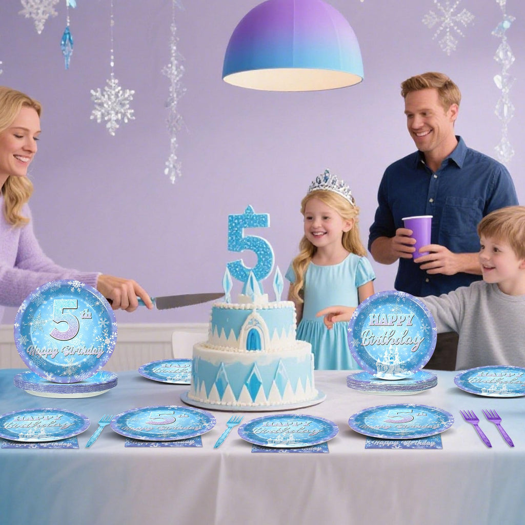 Oitnlaughter Snowflake Winter Wonderland – 5th Birthday Disposable Dinnerware Set | 24 Plates, 24 Napkins, 12 Blue & 12 Purple Forks