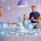 Oitnlaughter Snowflake Winter Wonderland – 5th Birthday Disposable Dinnerware Set | 24 Plates, 24 Napkins, 12 Blue & 12 Purple Forks