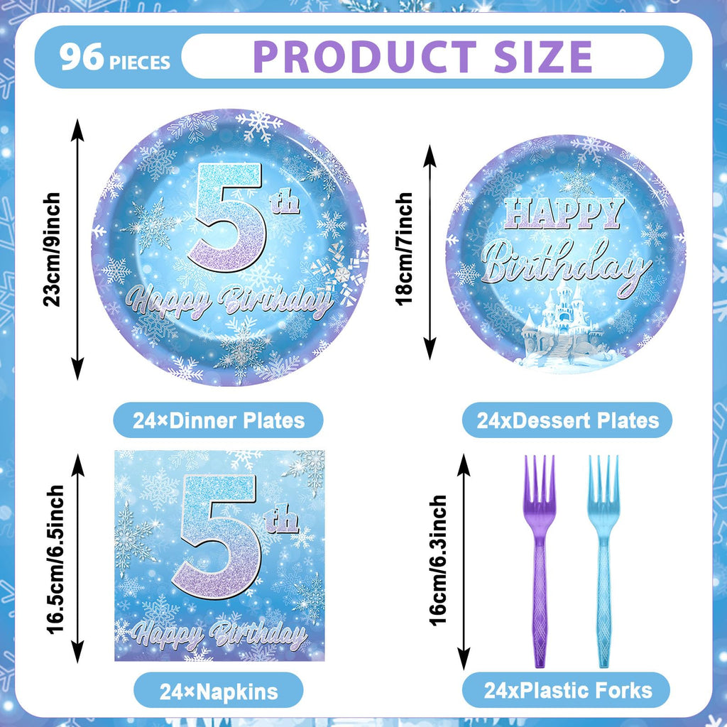 Oitnlaughter Snowflake Winter Wonderland – 5th Birthday Disposable Dinnerware Set | 24 Plates, 24 Napkins, 12 Blue & 12 Purple Forks