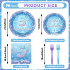Oitnlaughter Snowflake Winter Wonderland – 5th Birthday Disposable Dinnerware Set | 24 Plates, 24 Napkins, 12 Blue & 12 Purple Forks