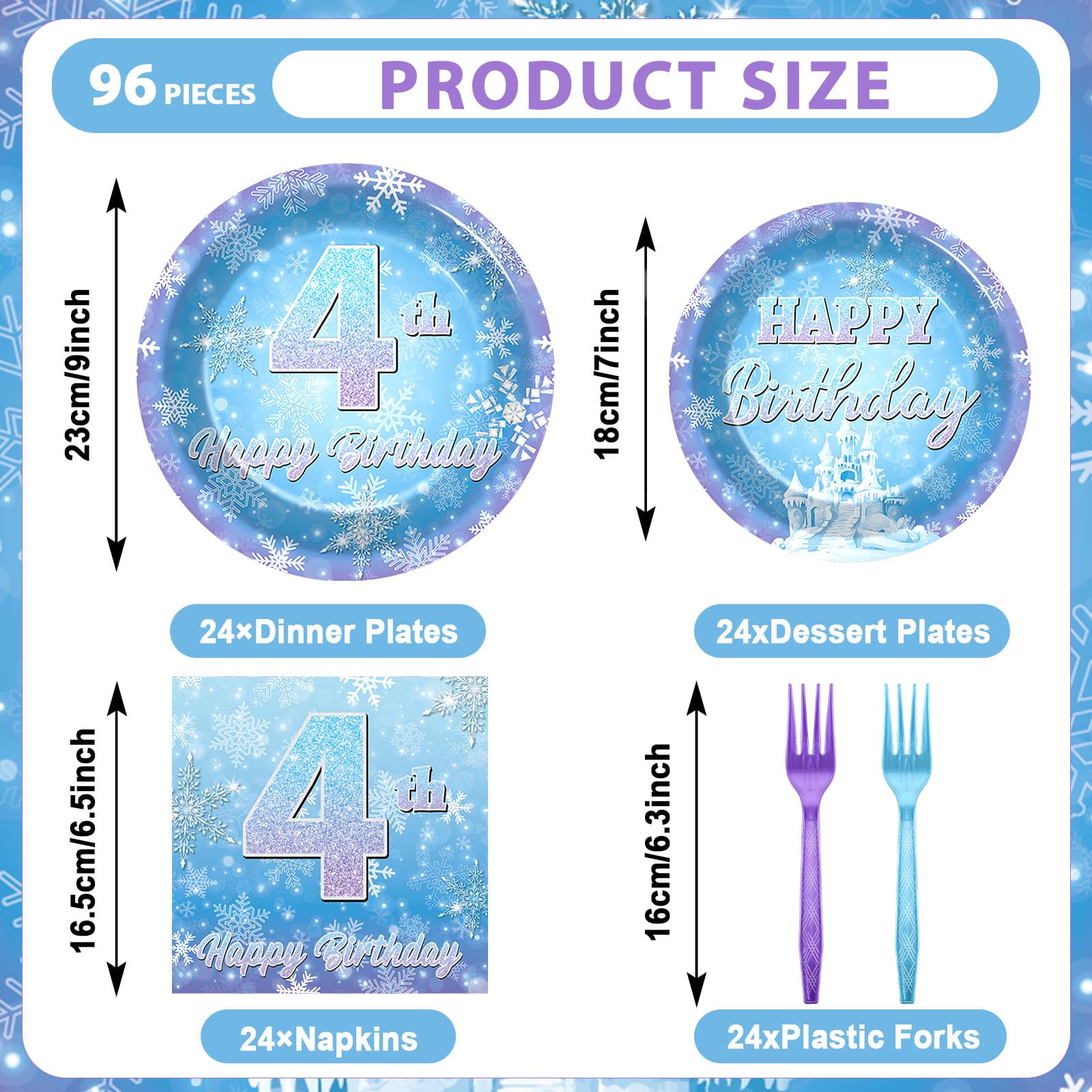 Oitnlaughter Snowflake Winter Wonderland 4th Birthday Dinnerware Set – Plates, Napkins & Forks for Kids (24 Guests)
