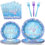 Oitnlaughter Snowflake Winter Wonderland 4th Birthday Dinnerware Set – Plates, Napkins & Forks for Kids (24 Guests)