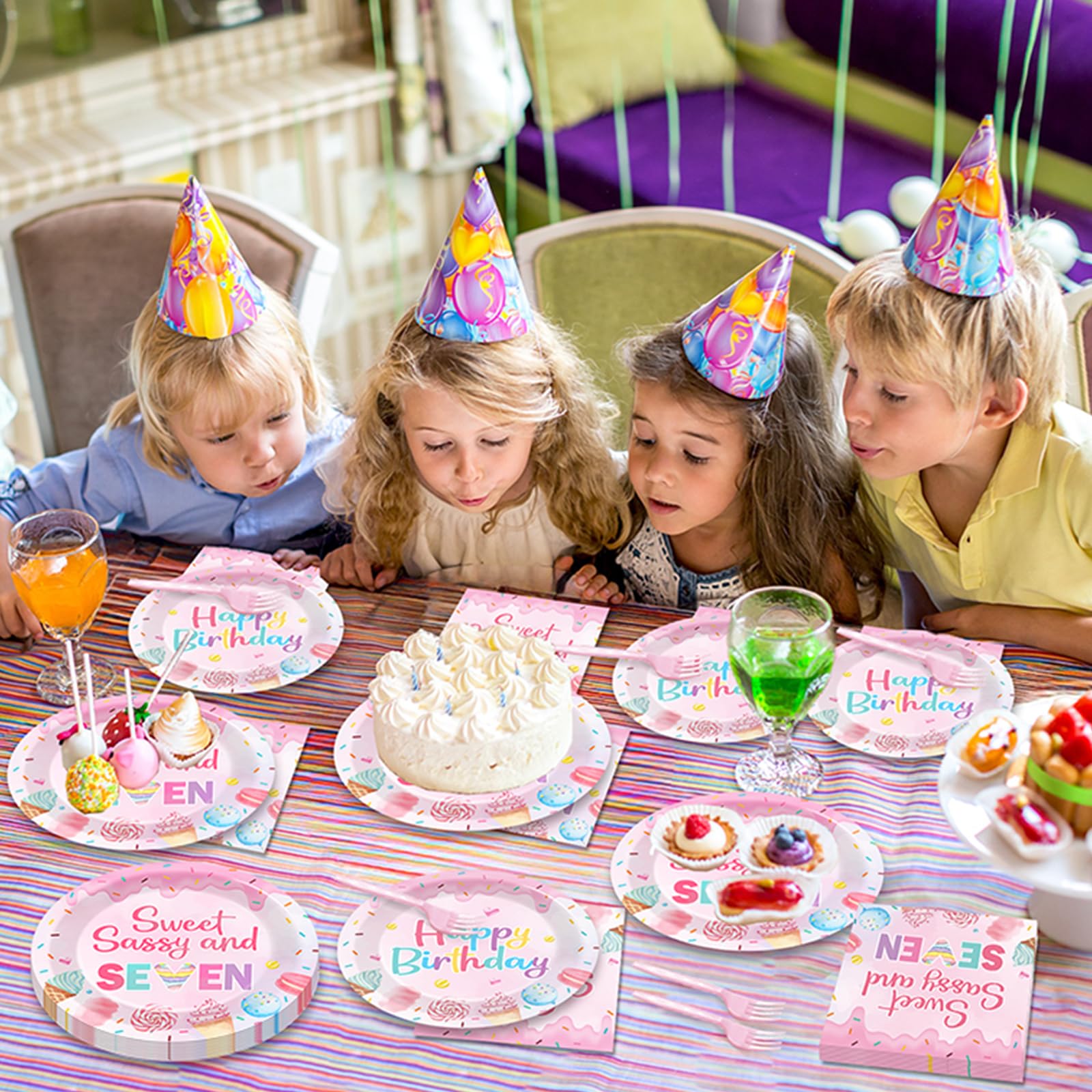 Oitnlaughter 96 PCS Donut 7th Birthday Plates and Napkins Set