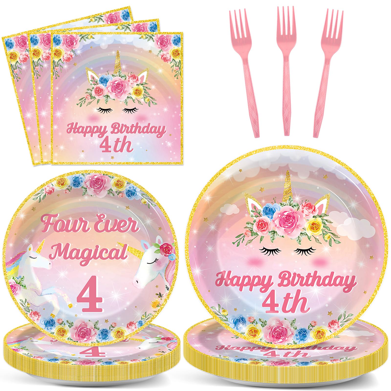 Oitnlaughter 96Pcs Four Ever Magical Unicorn Party Plates & Napkins – 24 Guests