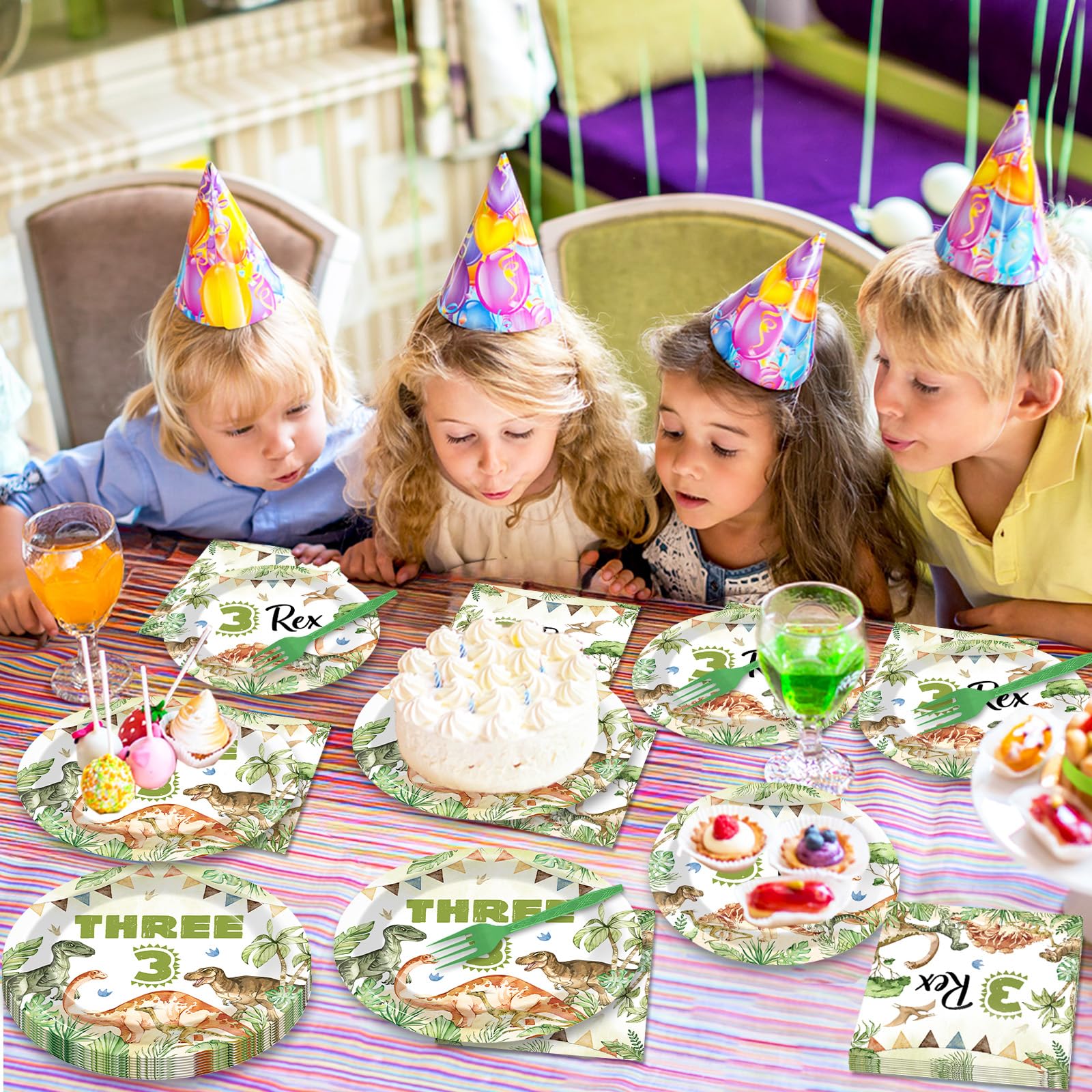 Oitnlaughter 96Pcs Dinosaur Tableware Set – Watercolor Rex Plates, Napkins & Forks for Kids Parties