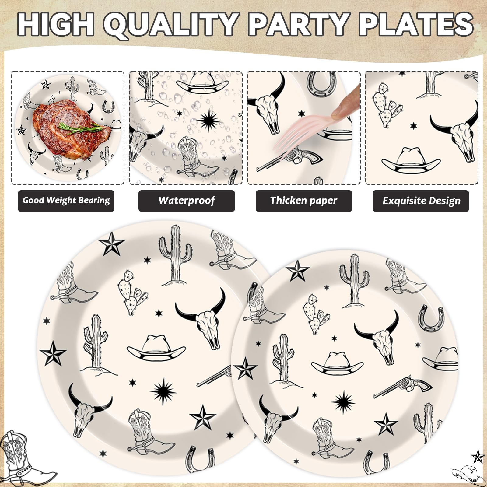 Oitnlaughter 96Pcs Western Cowboy Party Plates & Napkins Set | Rodeo Wild West Tableware for Parties