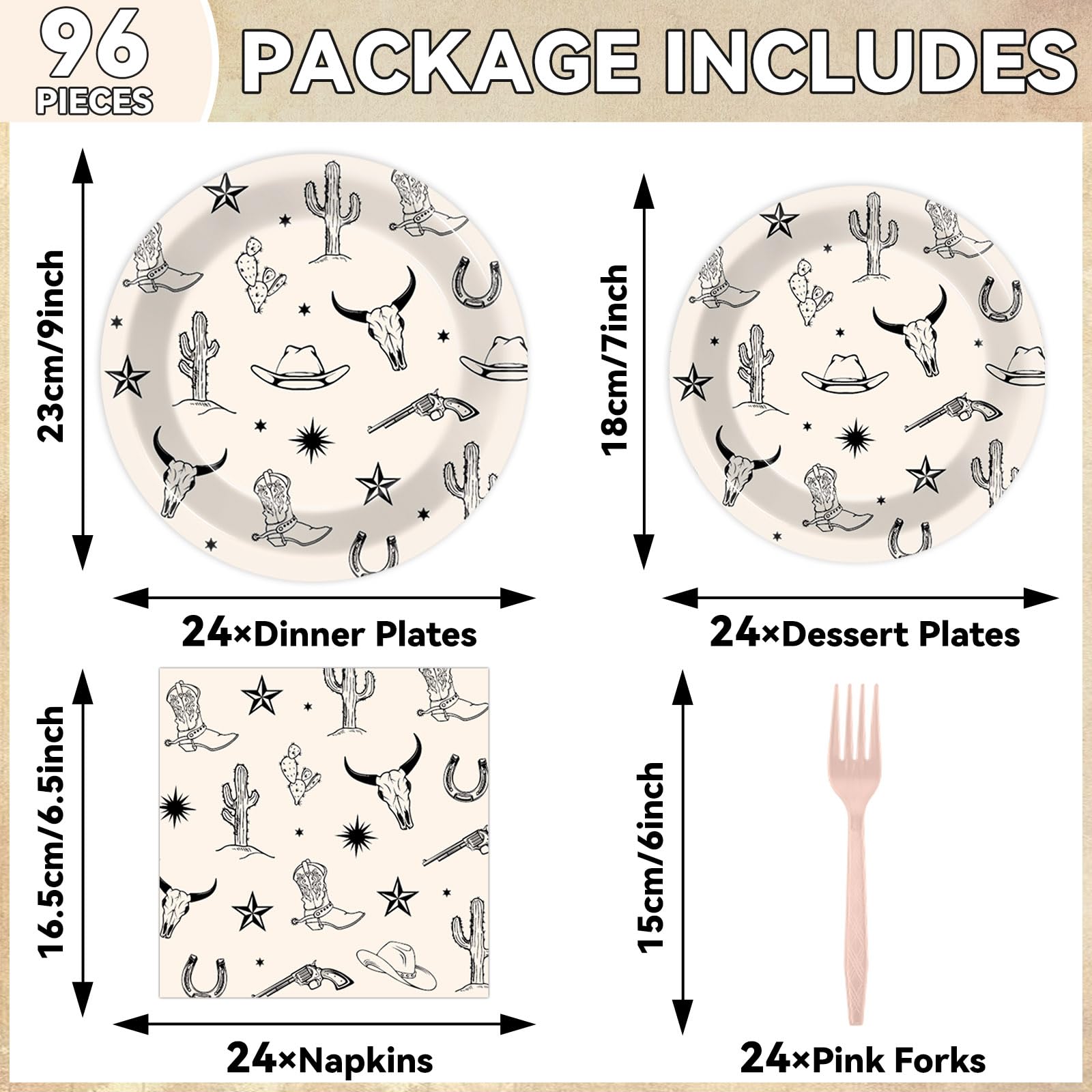 Oitnlaughter 96Pcs Western Cowboy Party Plates & Napkins Set | Rodeo Wild West Tableware for Parties