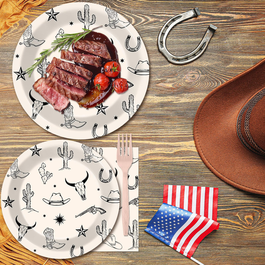 Oitnlaughter 96Pcs Western Cowboy Party Plates & Napkins Set | Rodeo Wild West Tableware for Parties