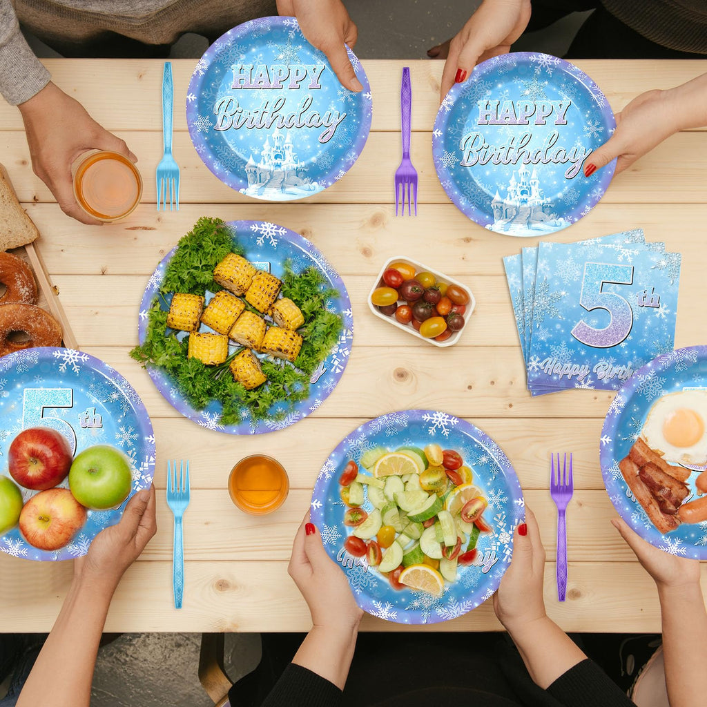 Oitnlaughter Snowflake Winter Wonderland – 5th Birthday Disposable Dinnerware Set | 24 Plates, 24 Napkins, 12 Blue & 12 Purple Forks