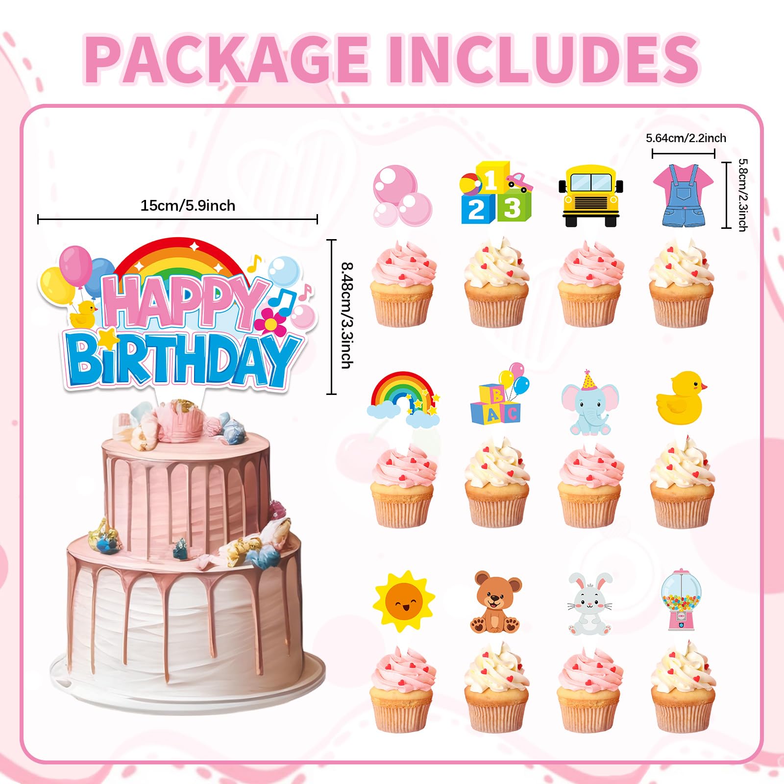 ojustbeok 26Pcs Girls Happy Birthday Cupcake Toppers – Cartoon Teacher Picks, Rainbow ABC Bus, Double-Sided Cake Decorations