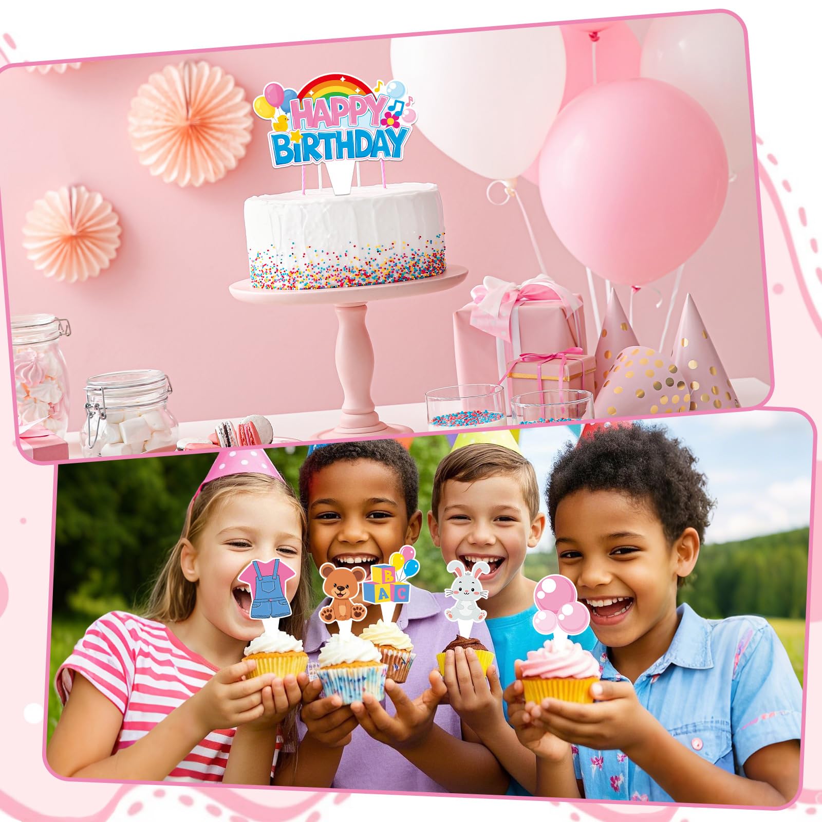 ojustbeok 26Pcs Girls Happy Birthday Cupcake Toppers – Cartoon Teacher Picks, Rainbow ABC Bus, Double-Sided Cake Decorations