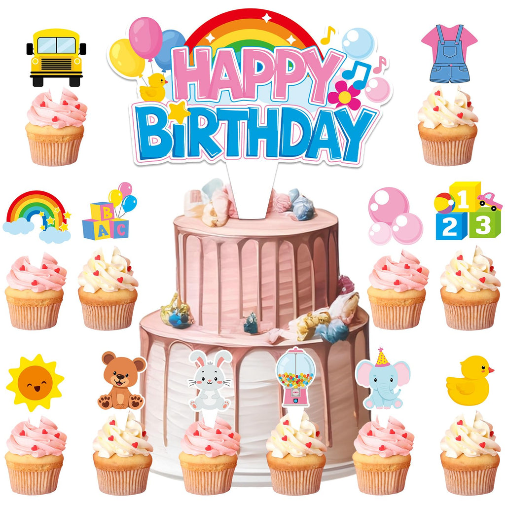 ojustbeok 26Pcs Girls Happy Birthday Cupcake Toppers – Cartoon Teacher Picks, Rainbow ABC Bus, Double-Sided Cake Decorations