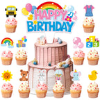 ojustbeok 26Pcs Girls Happy Birthday Cupcake Toppers – Cartoon Teacher Picks, Rainbow ABC Bus, Double-Sided Cake Decorations