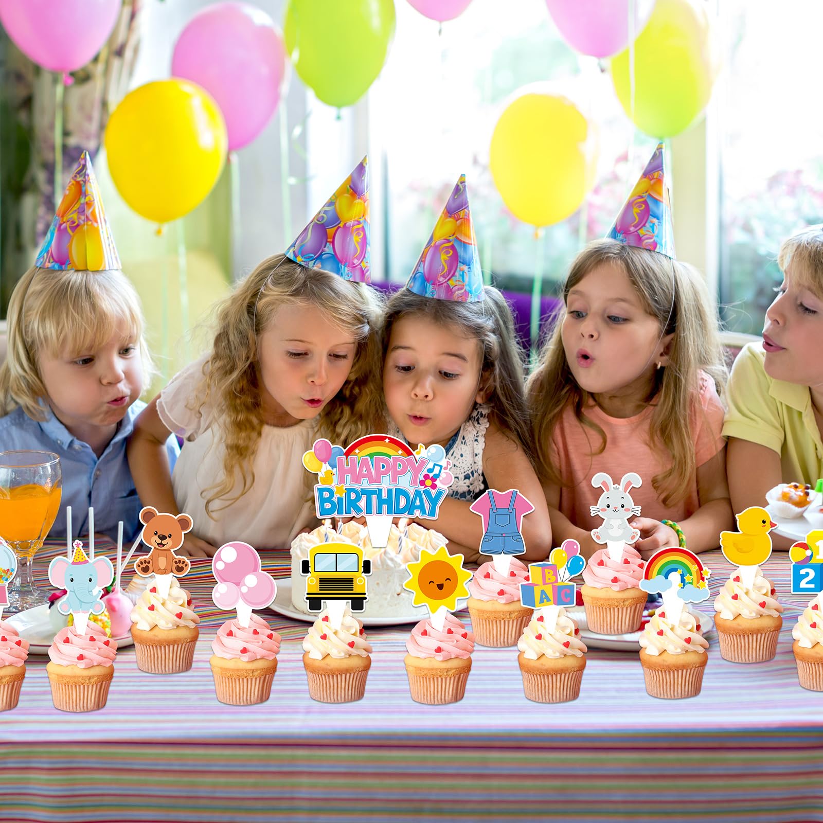 ojustbeok 26Pcs Girls Happy Birthday Cupcake Toppers – Cartoon Teacher Picks, Rainbow ABC Bus, Double-Sided Cake Decorations