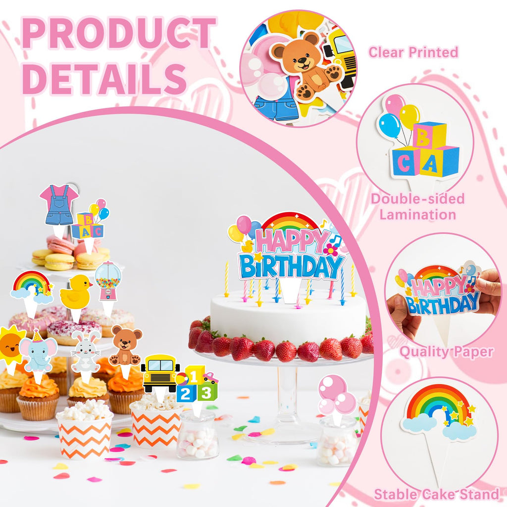 ojustbeok 26Pcs Girls Happy Birthday Cupcake Toppers – Cartoon Teacher Picks, Rainbow ABC Bus, Double-Sided Cake Decorations