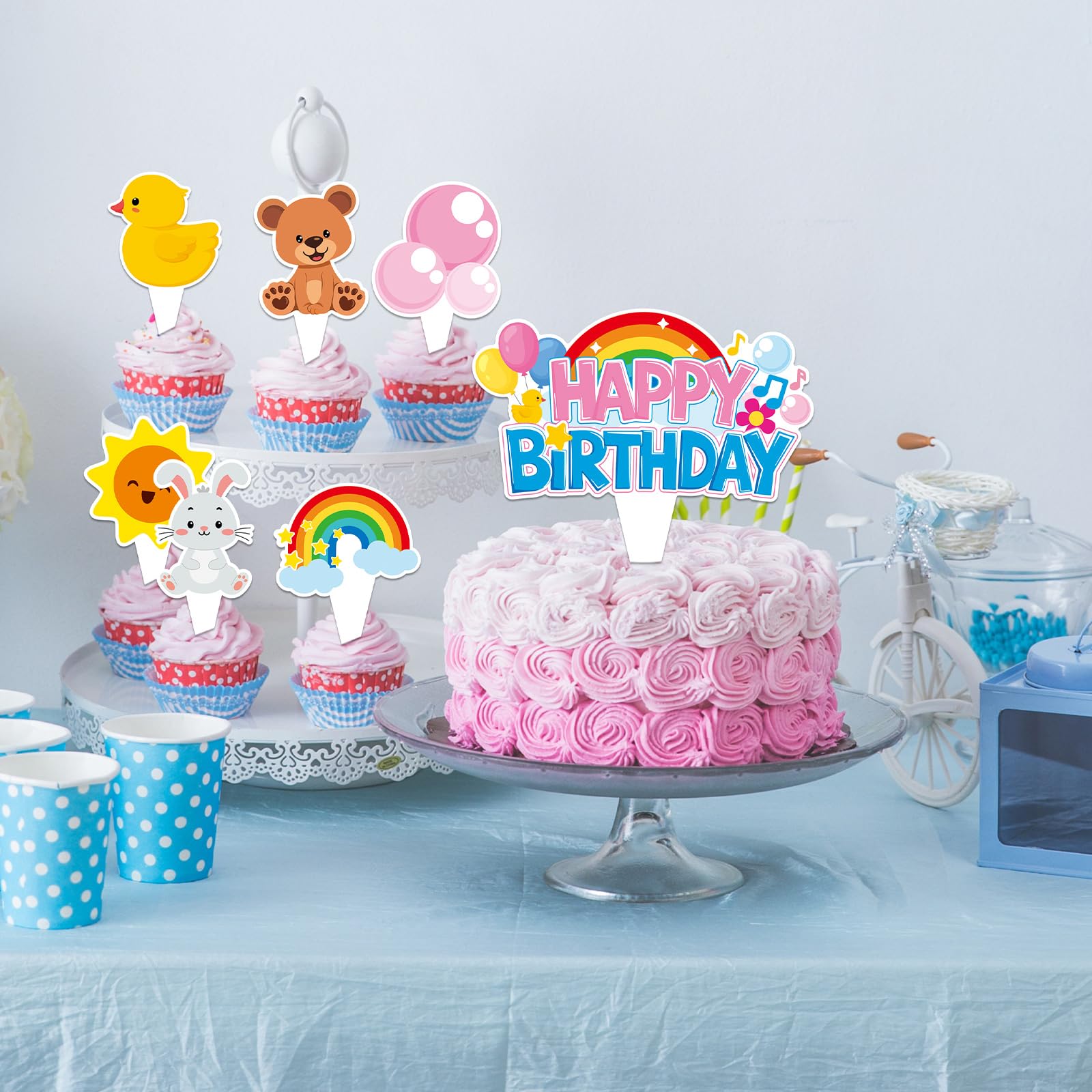 ojustbeok 26Pcs Girls Happy Birthday Cupcake Toppers – Cartoon Teacher Picks, Rainbow ABC Bus, Double-Sided Cake Decorations