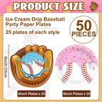 Ojustbeok 50Pcs Ice Cream Drip Baseball Plates – 9-Inch Disposable Party Plates