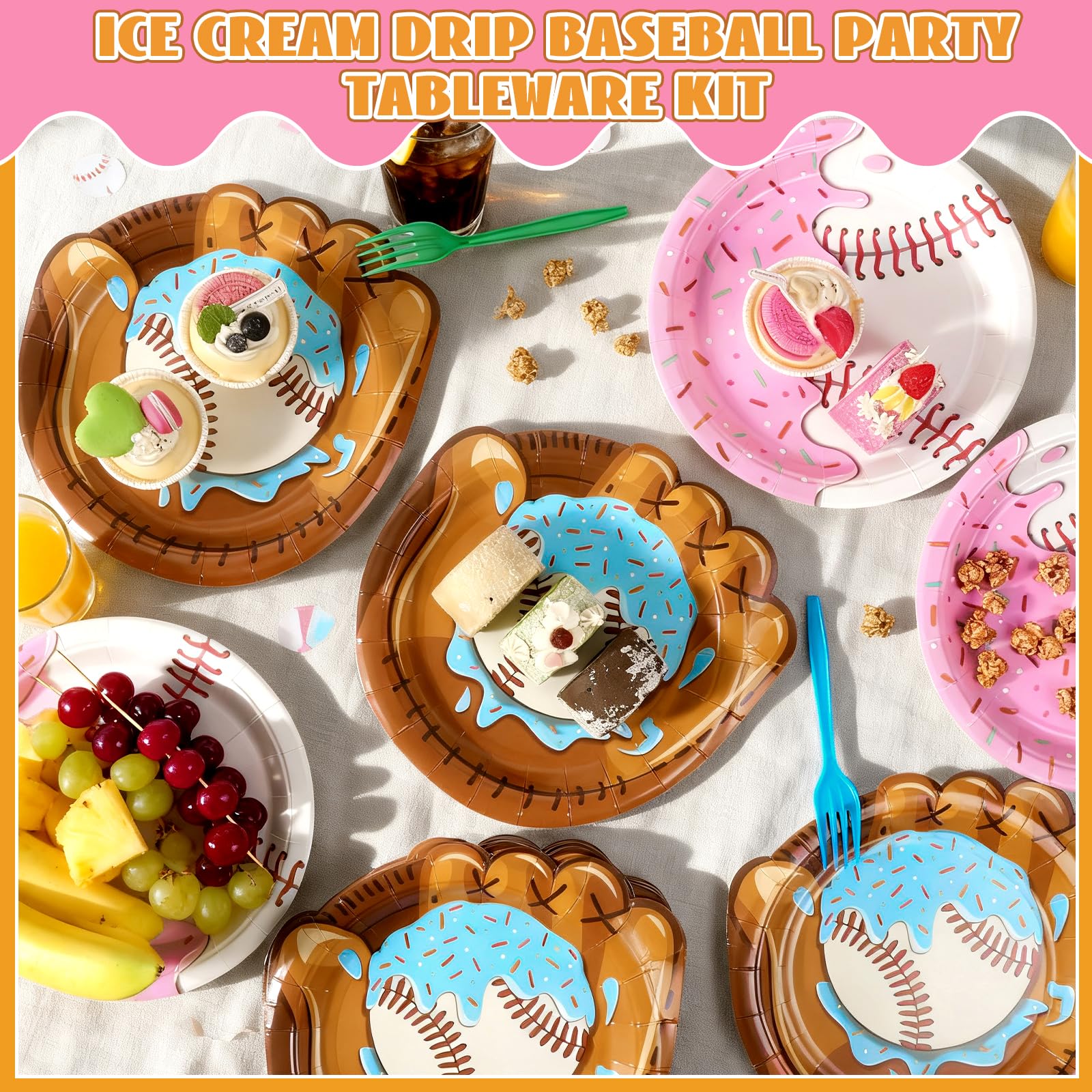 Ojustbeok 50Pcs Ice Cream Drip Baseball Plates – 9-Inch Disposable Party Plates