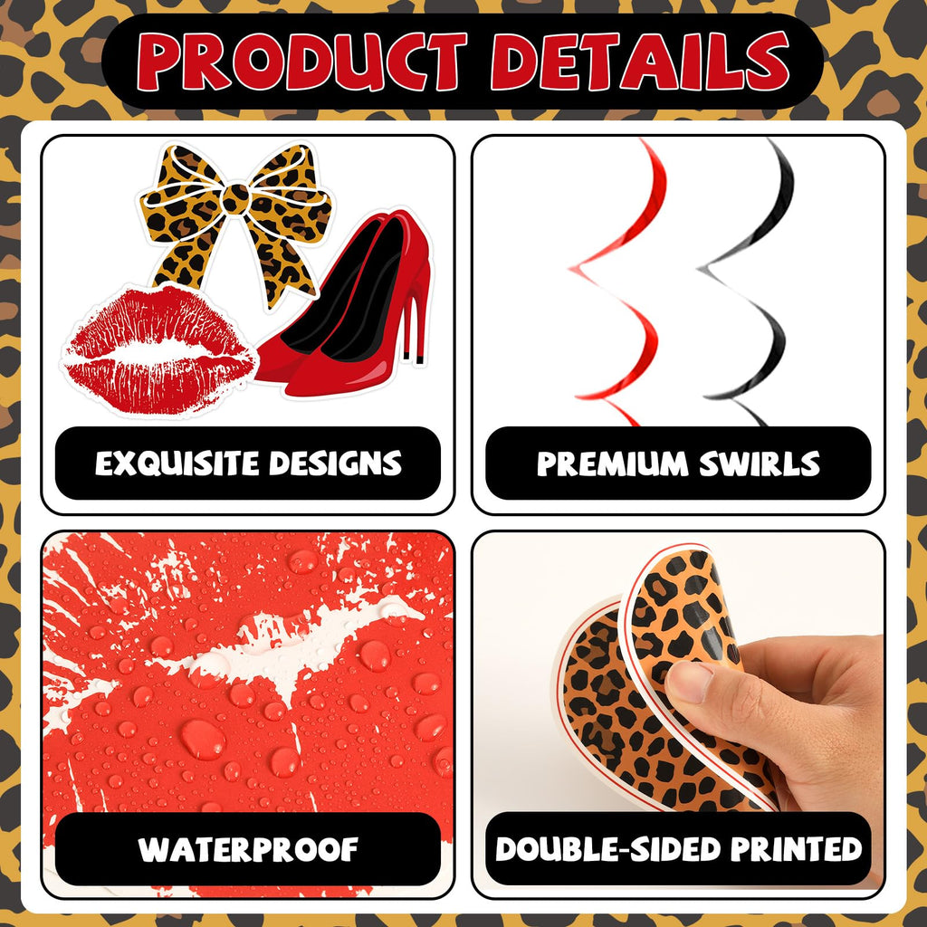 OjustBeOk 18Pcs Cheetah Cherry Birthday Party Decorations – Leopard Print Banner & Hanging Swirls