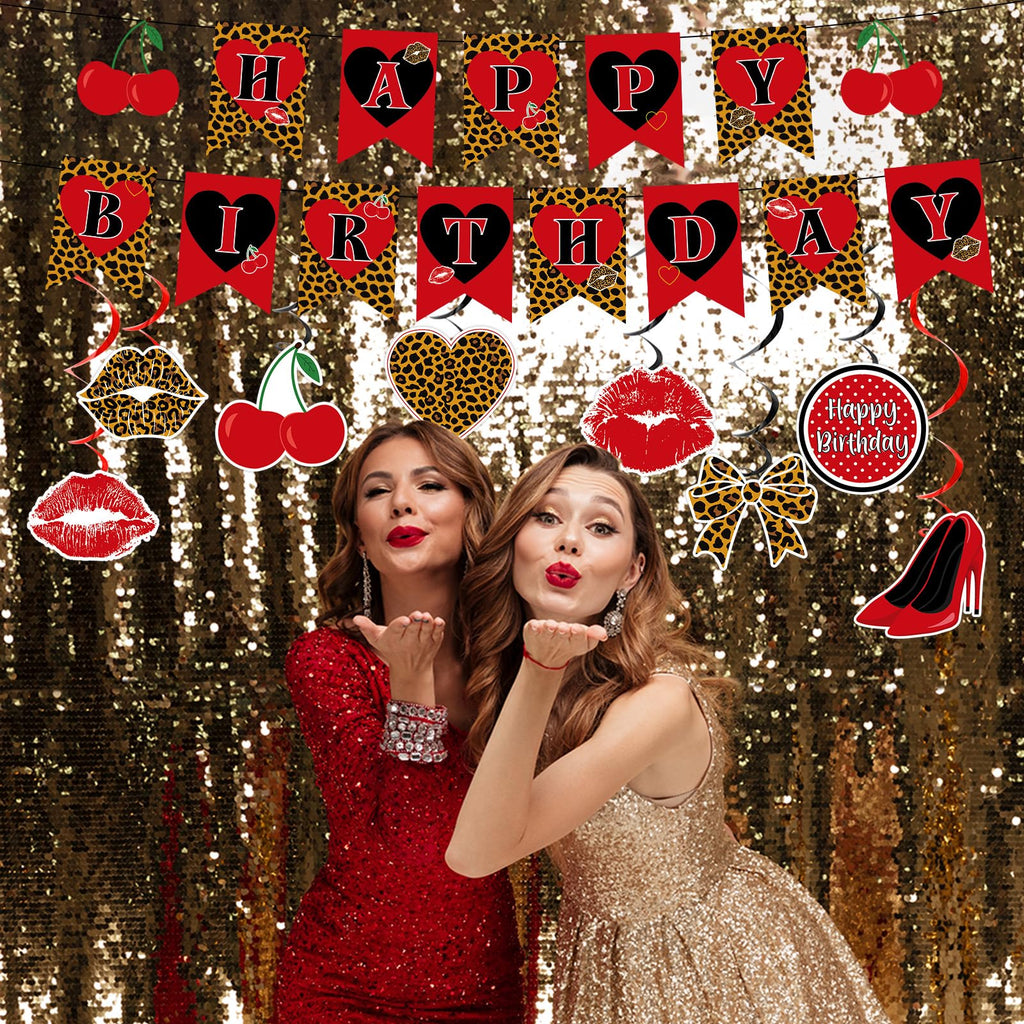 OjustBeOk 18Pcs Cheetah Cherry Birthday Party Decorations – Leopard Print Banner & Hanging Swirls