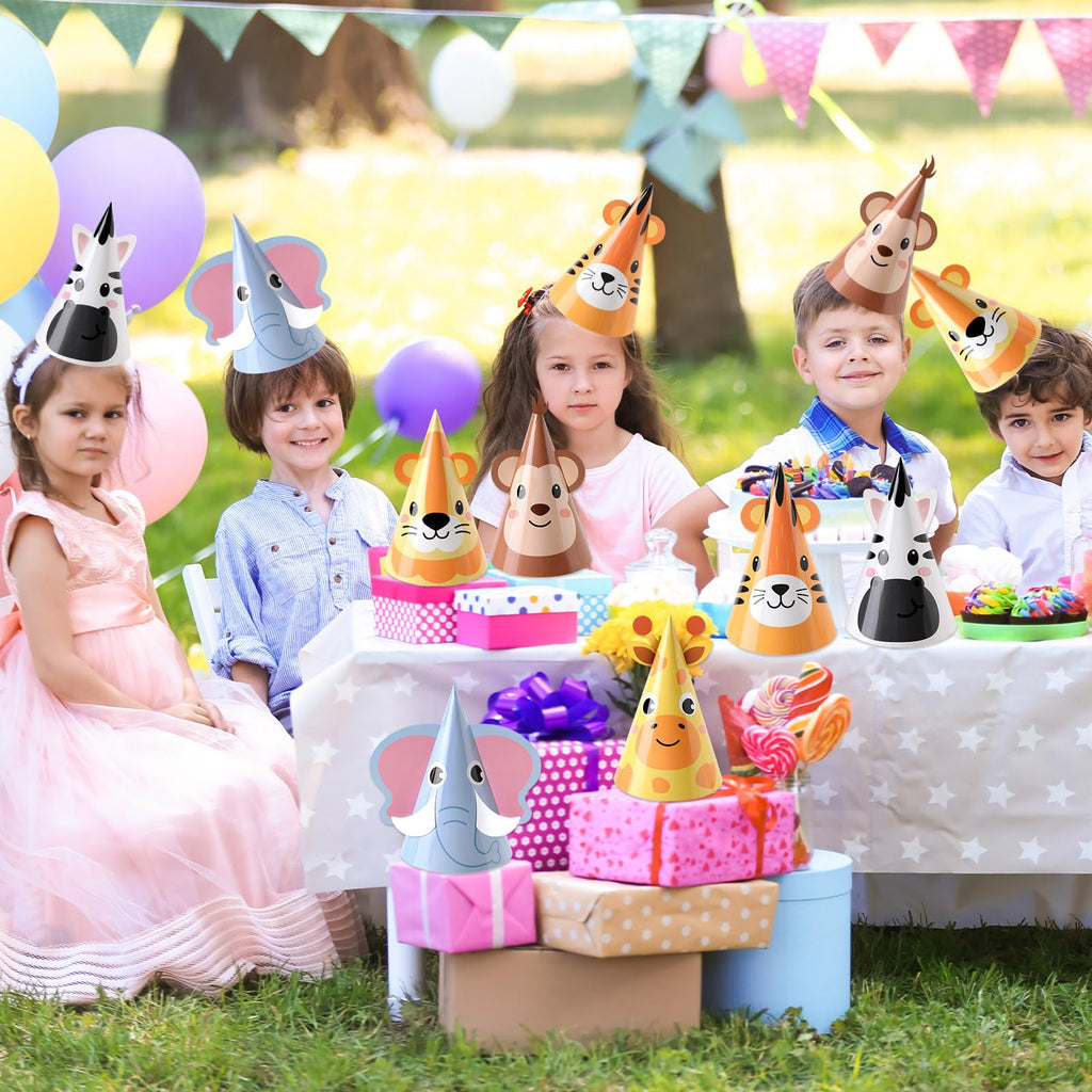 ojustbeok 24PCS Jungle Animal Party Hats – Safari Cone Hats for DIY Animal Theme Parties