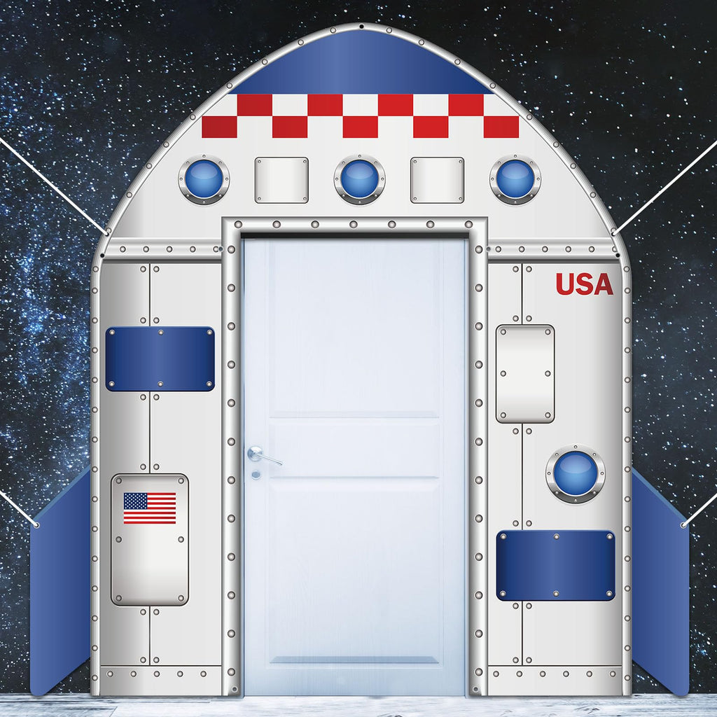 OJustBeOK Outer Space Door Banner – Galaxy Alien Theme Rocket Ship Backdrop