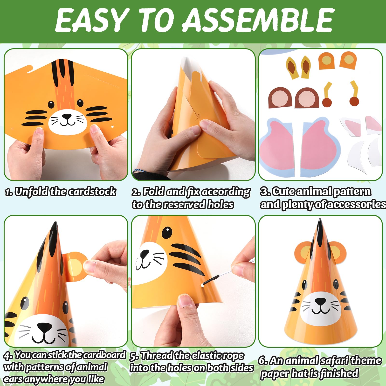 ojustbeok 24PCS Jungle Animal Party Hats – Safari Cone Hats for DIY Animal Theme Parties